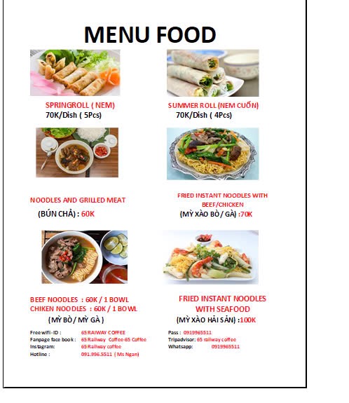 65 Railway Coffee – Menu của quán