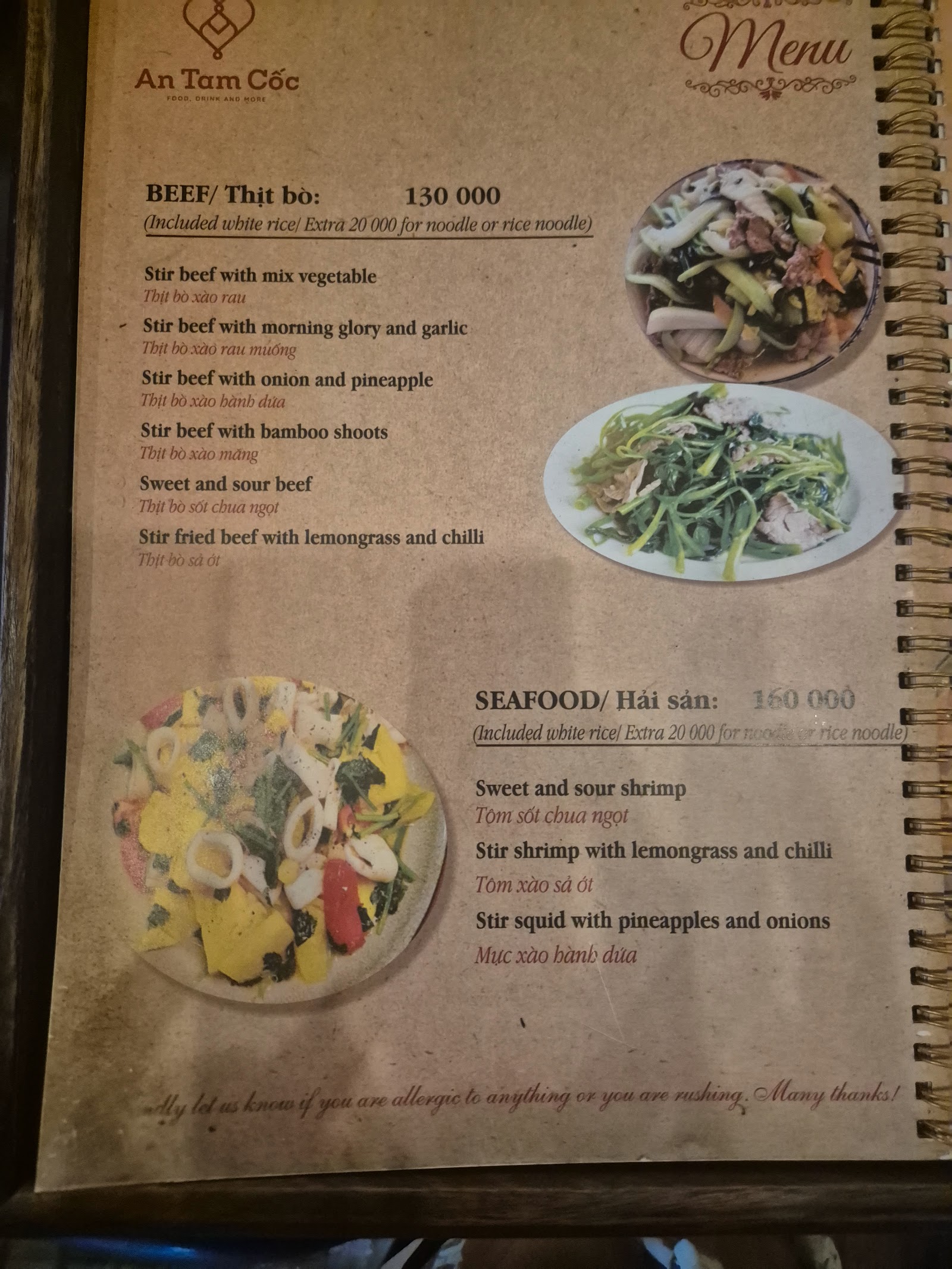 An Tam Coc Restaurant & Coffee – Menu của quán
