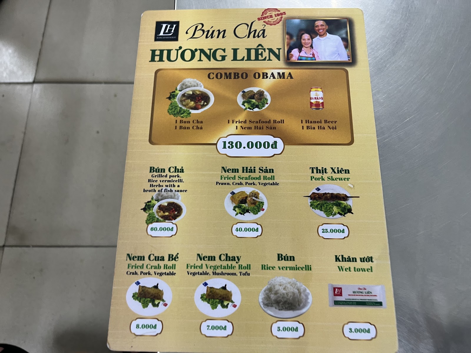 Bún chả Hương Liên – Menu của quán