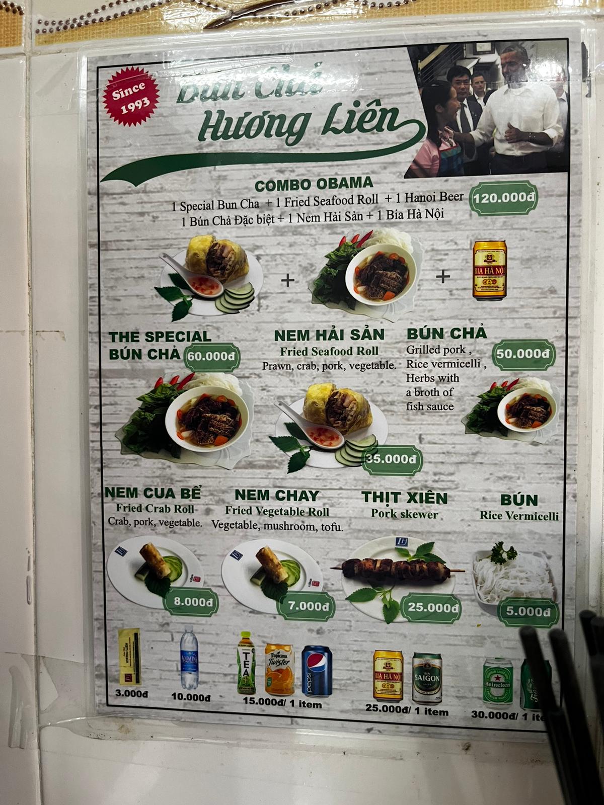 Bún chả Hương Liên – Menu của quán