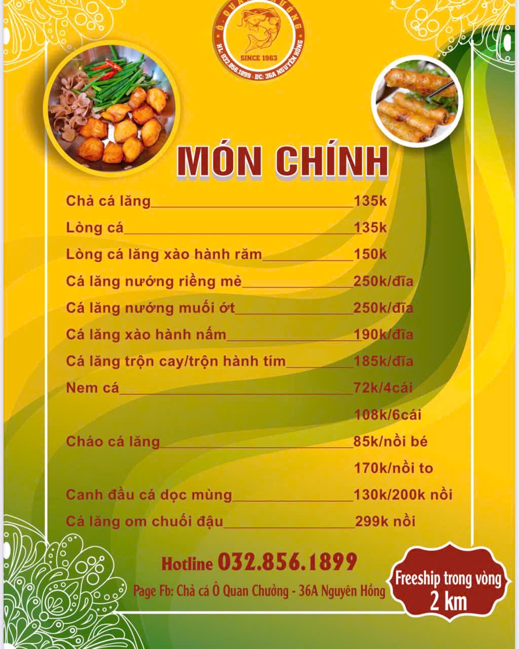 Chả Cá Ô Quan Chưởng – Menu của quán