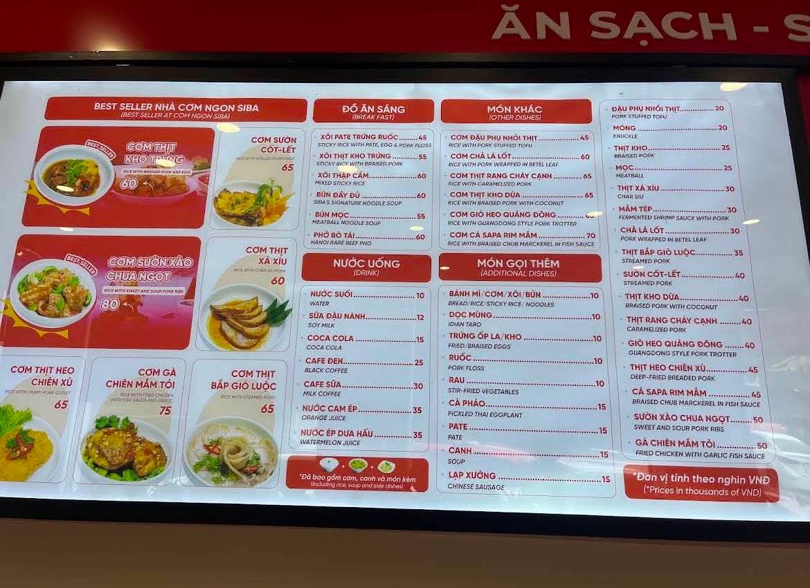 Cơm Ngon Siba Yên Hòa – Menu của quán