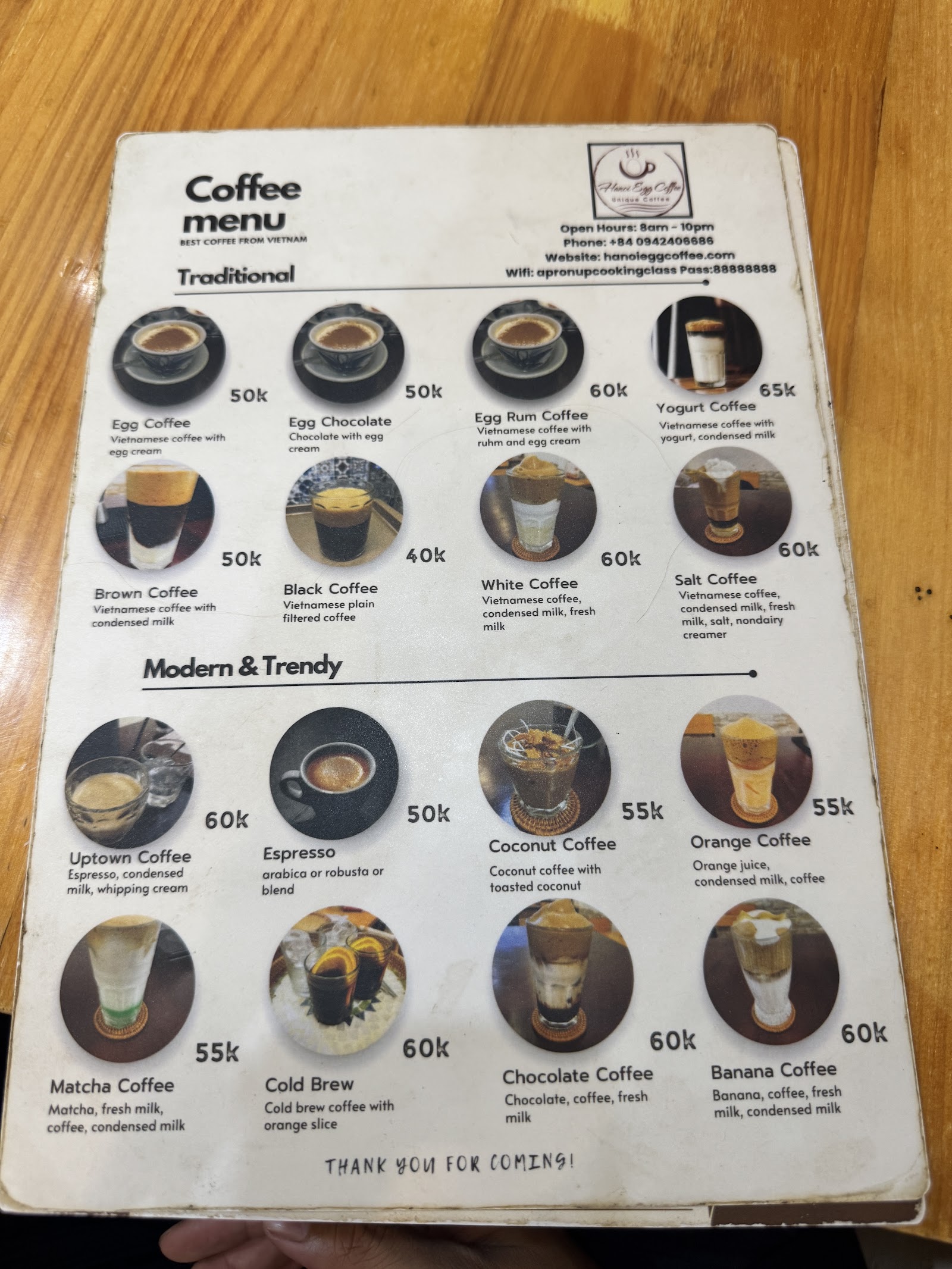 Hanoi Egg Coffee – Menu của quán