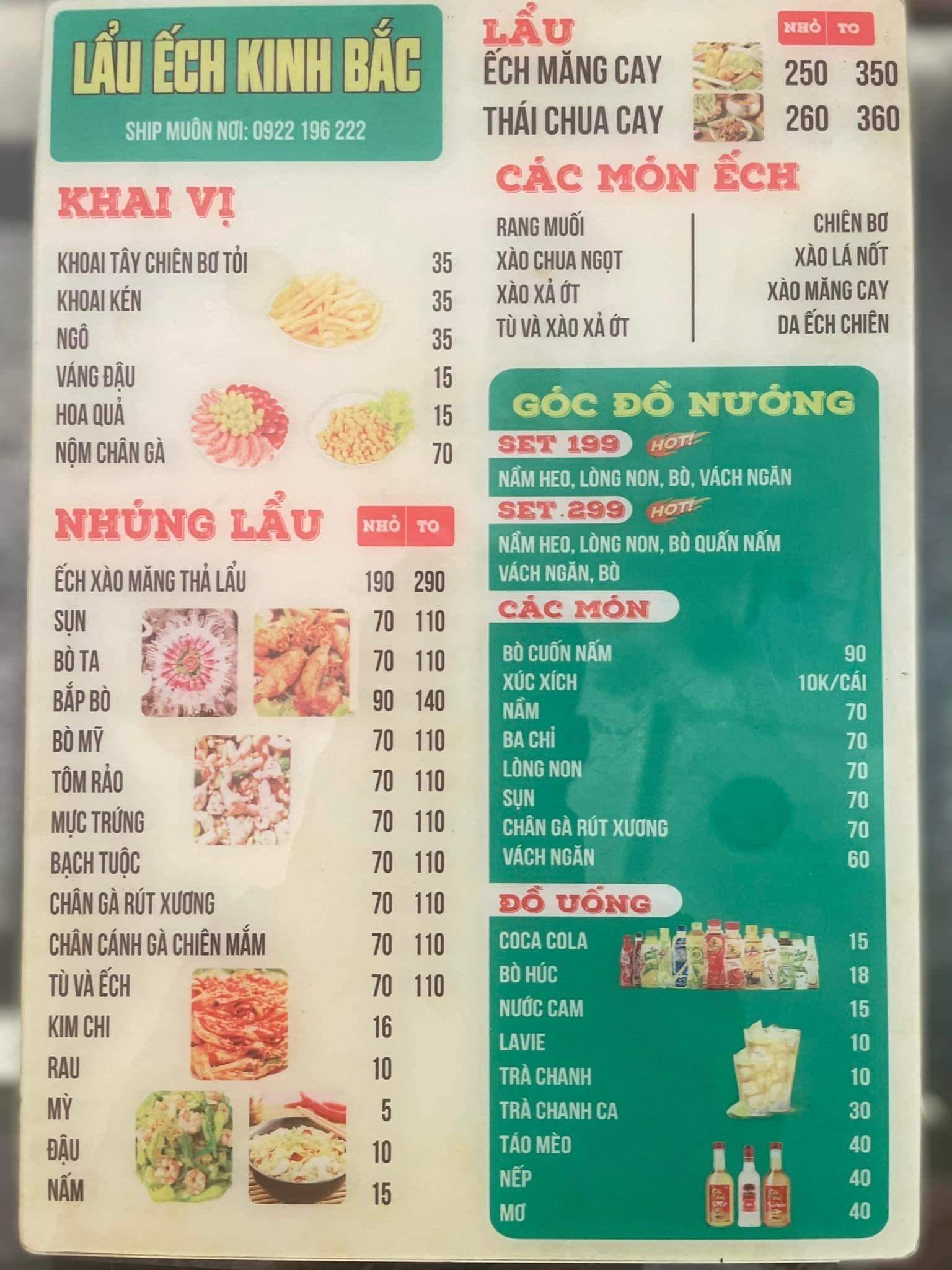 Lẩu Ếch Kinh Bắc – Menu của quán
