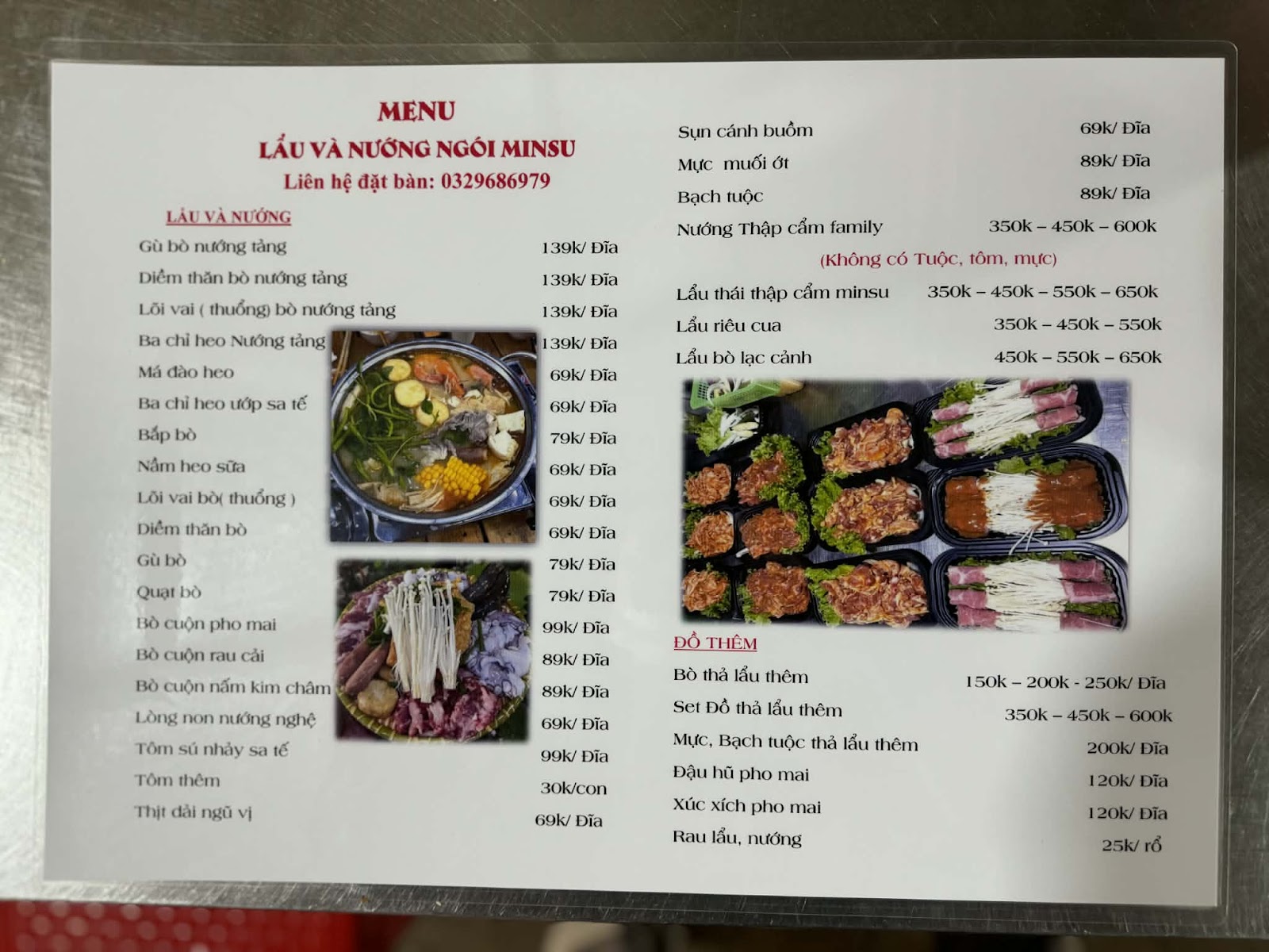 LẨU & NƯỚNG NGÓI MINSU – Menu của quán