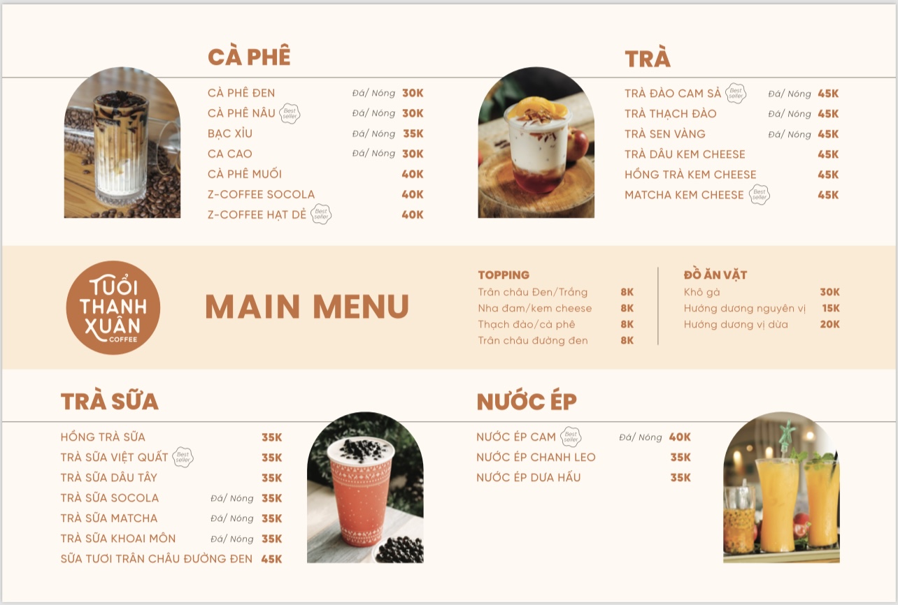 Tuổi Thanh Xuân Coffee – Menu của quán